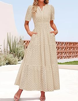 Women's 2025 Summer Short Sleeve Maxi Dress Casual V Neck Hollow Out Eyelet Ruffle Swing A Line Long Dresses