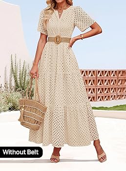 Women's 2025 Summer Short Sleeve Maxi Dress Casual V Neck Hollow Out Eyelet Ruffle Swing A Line Long Dresses