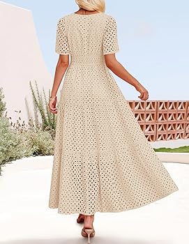 Women's 2025 Summer Short Sleeve Maxi Dress Casual V Neck Hollow Out Eyelet Ruffle Swing A Line Long Dresses