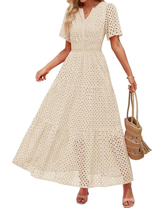 Women's 2025 Summer Short Sleeve Maxi Dress Casual V Neck Hollow Out Eyelet Ruffle Swing A Line Long Dresses